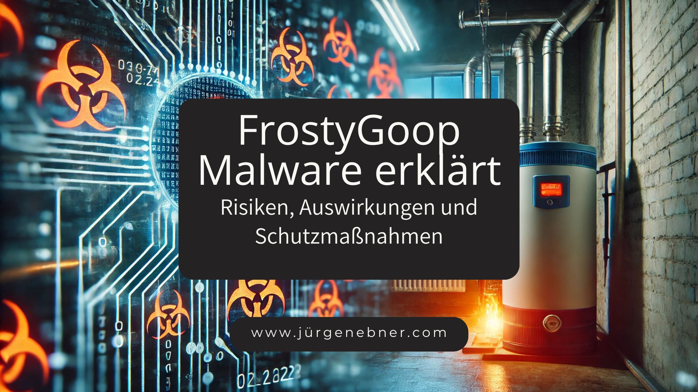 Illustration einer Cyberangriff-Malware namens FrostyGoop, die ein Heizsystem infiltriert und Netzwerke angreift.